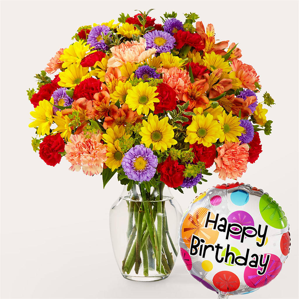 Kaleidoscope Bouquet with Birthday Balloon – Kenyon Ave Floral Co Inc, Wakefield RI