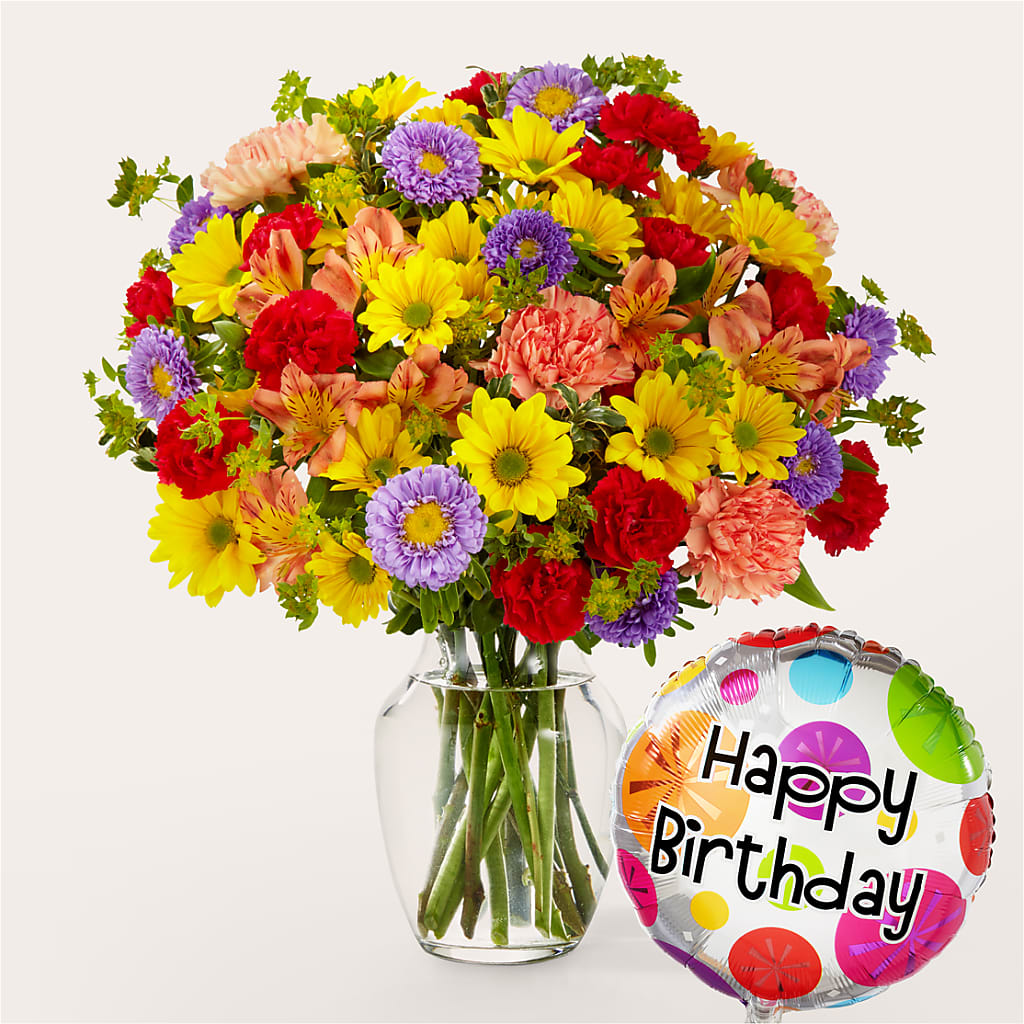Kaleidoscope Bouquet with Birthday Balloon – Kenyon Ave Floral Co Inc, Wakefield RI