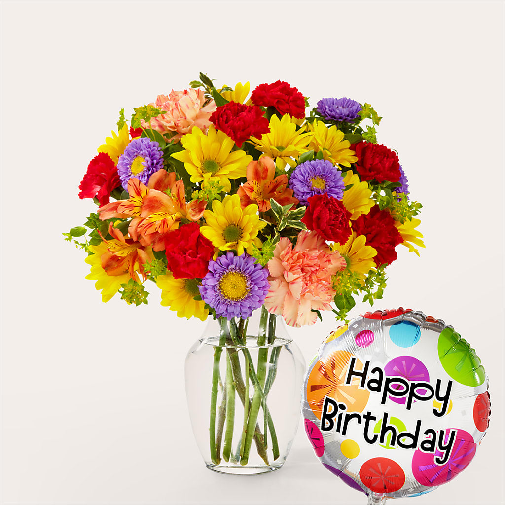 Kaleidoscope Bouquet with Birthday Balloon – Kenyon Ave Floral Co Inc, Wakefield RI