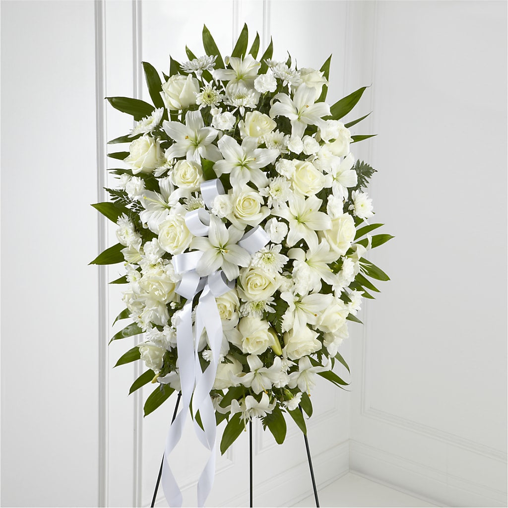 Exquisite Tribute Standing Spray-White Ribbon – Kenyon Ave Floral Co Inc, Wakefield RI