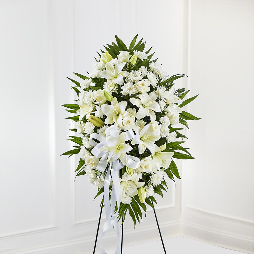 Exquisite Tribute Standing Spray-White Ribbon – Kenyon Ave Floral Co Inc, Wakefield RI