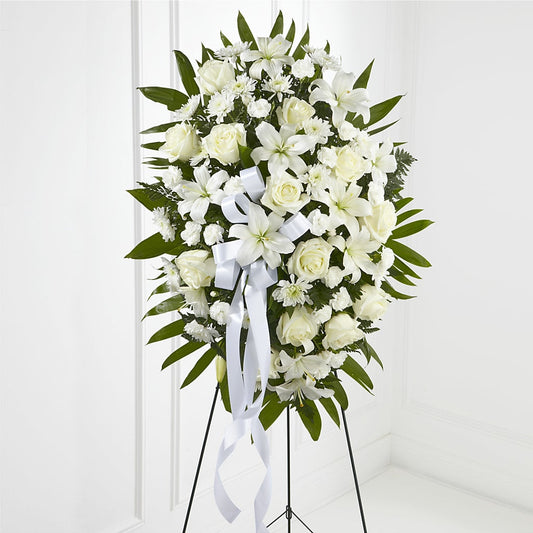 Exquisite Tribute Standing Spray-White Ribbon –  Kenyon Ave Floral Co Inc, Wakefield RI
